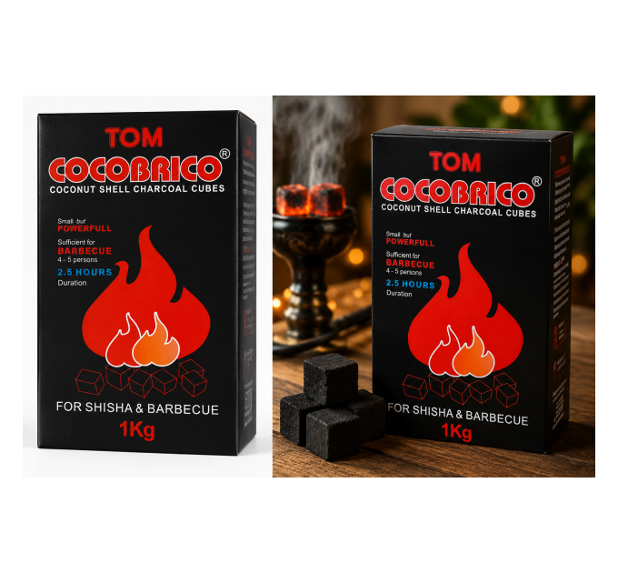 Кокосовый уголь Tom Cocobrico 1 кг кубики для кальяна и барбекю натуральный уголь из кокосовой скорлупы
